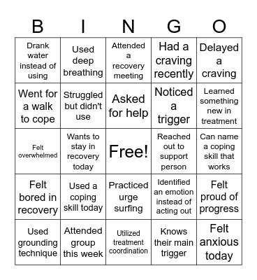 Recovery Bingo Card