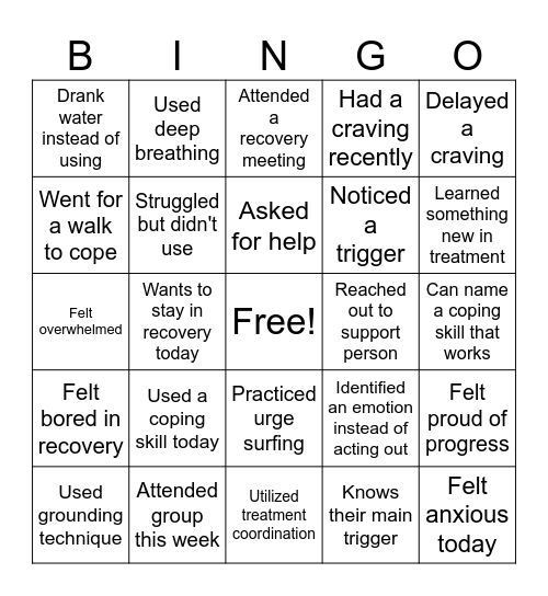 Recovery Bingo Card
