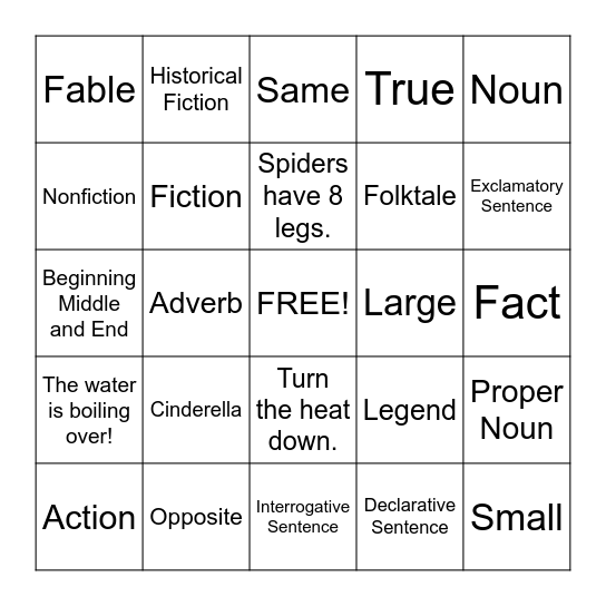 5th Grade ELA Bingo Card