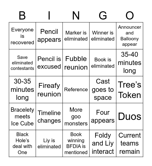 BFDI:TPOT 23 Predictions Bingo Card