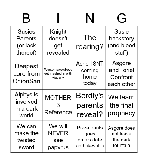 Deltarune Chapter 5 Brainrot Bingo Card
