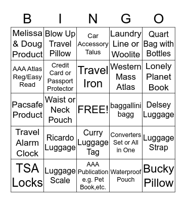 Travel Store Bingo Card