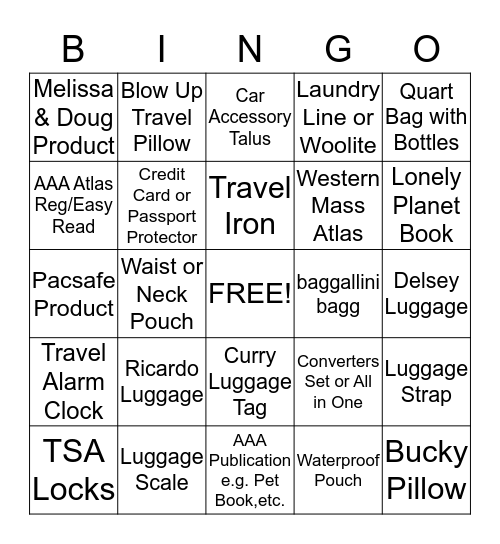 Travel Store Bingo Card