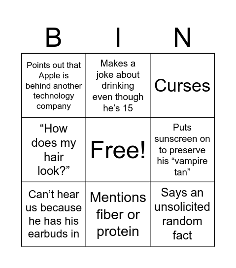 Sean Bingo Card