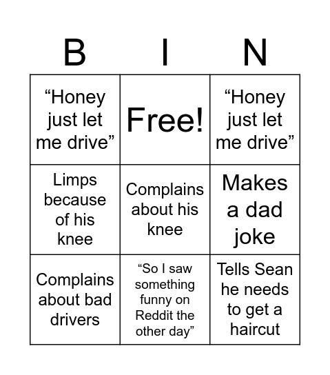 Dad Bingo Card
