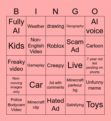 Yt shorts Bingo Card