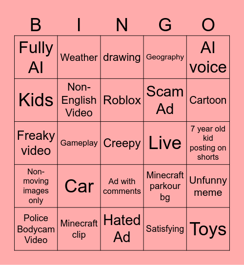 Yt shorts Bingo Card