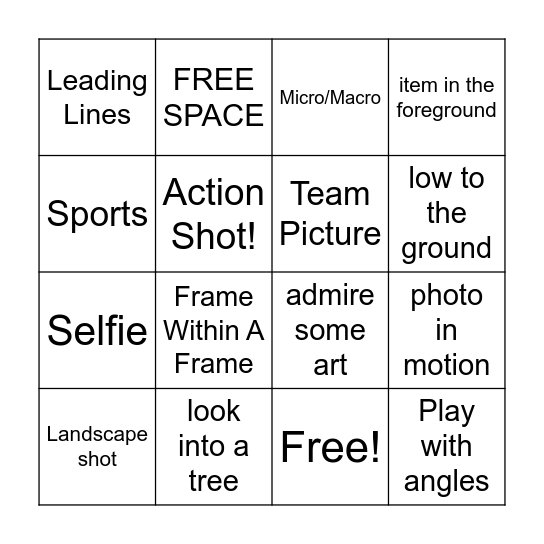 Photography Club Bingo Card