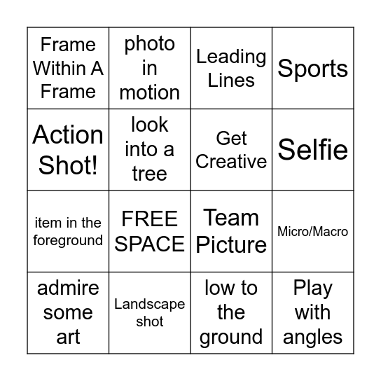 Photography Club Bingo Card