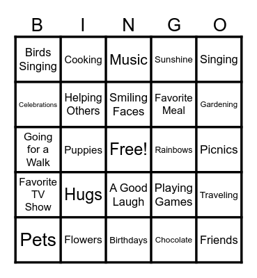 Things that make me happy Bingo Card