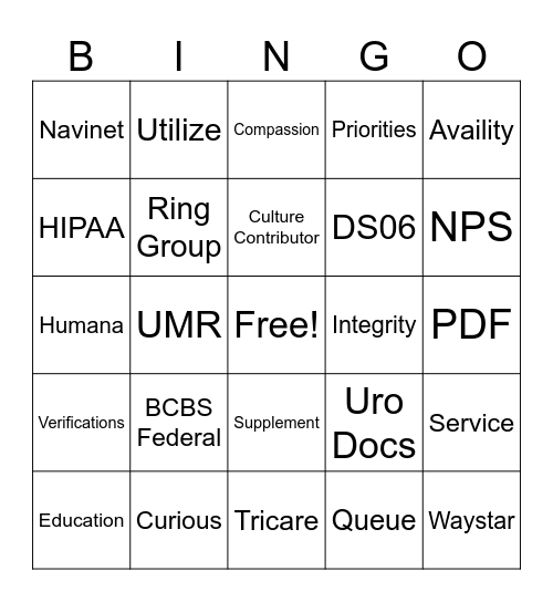 Insurance Specialist - Bingo Card