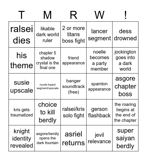 Deltarune Chapter 5 Predictions Bingo Card