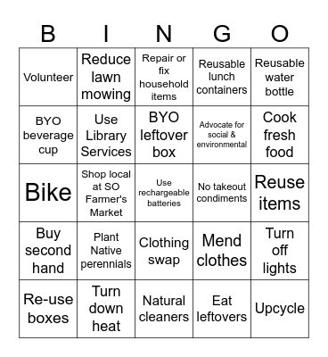 Sustainable Lifestyle Bingo Card