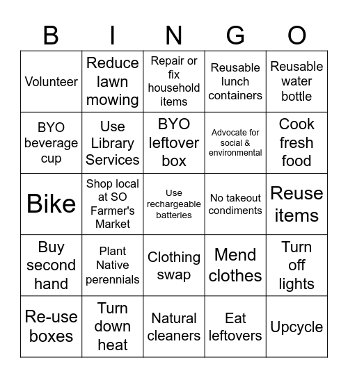 Sustainable Lifestyle Bingo Card