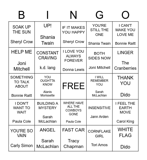 Lilith Fair Mom Bingo Card