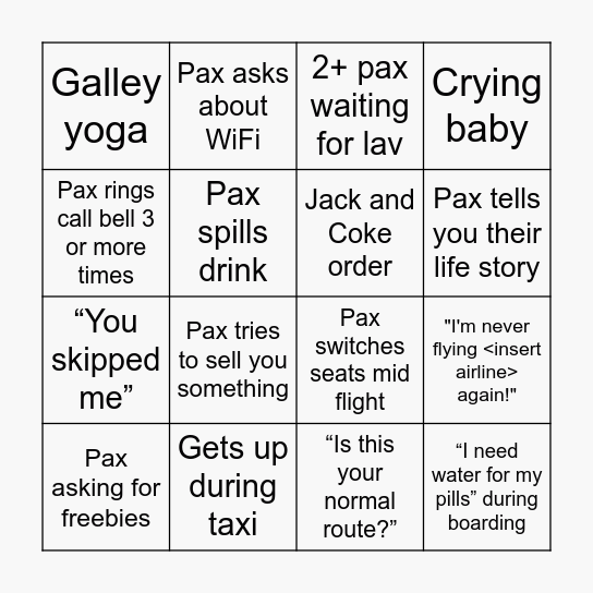 Flight Attendant Bingo Card