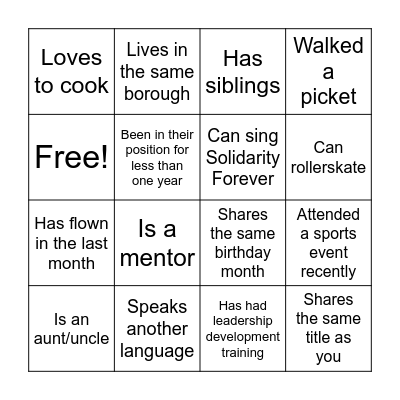 Union Connection Bingo Card