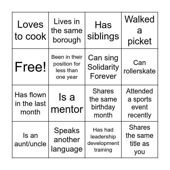 Union Connection Bingo Card