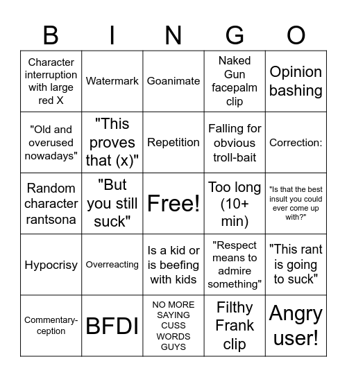 User Commentary Bingo Card