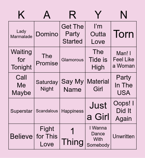 💖 Hen Do Music Bingo 💖 Bingo Card