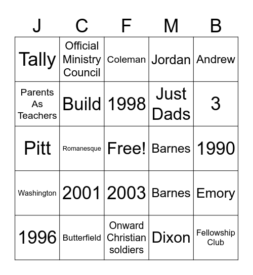 Jackson Chapel Bingo Card