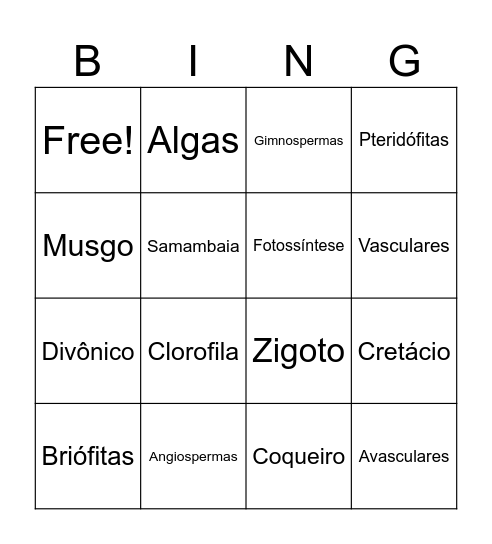 Reino Plantae Bingo Card