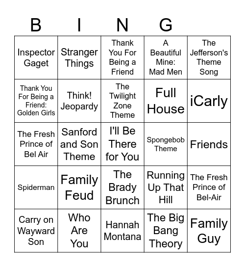TV Show Theme Songs Bingo Card