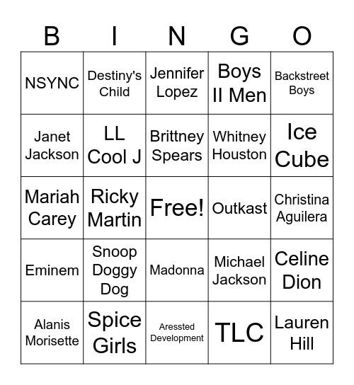 90's Pop/ R&B Bingo Card