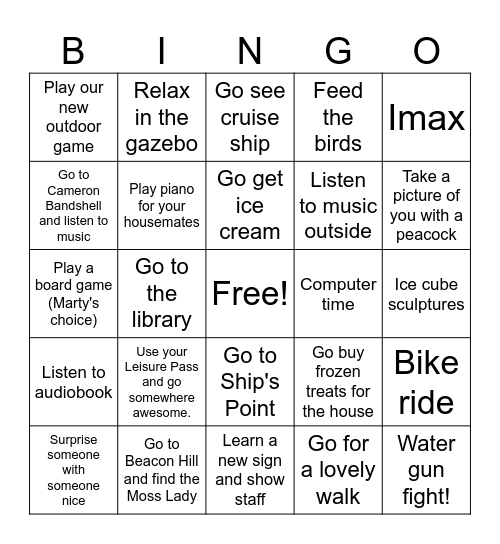 Marty's Summer Bingo Card