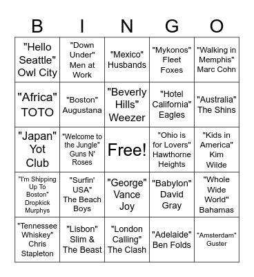 Around the World in 35 Songs Bingo Card