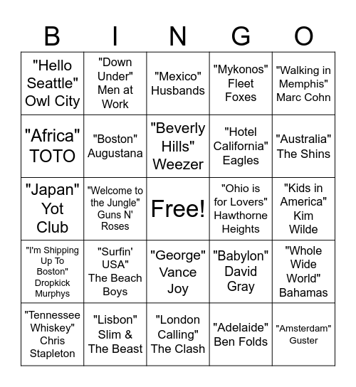 Around the World in 35 Songs Bingo Card