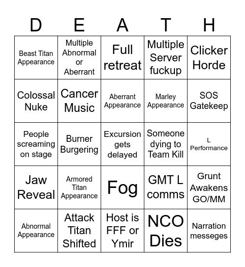 Excursion of Doom and Despair Bingo Card