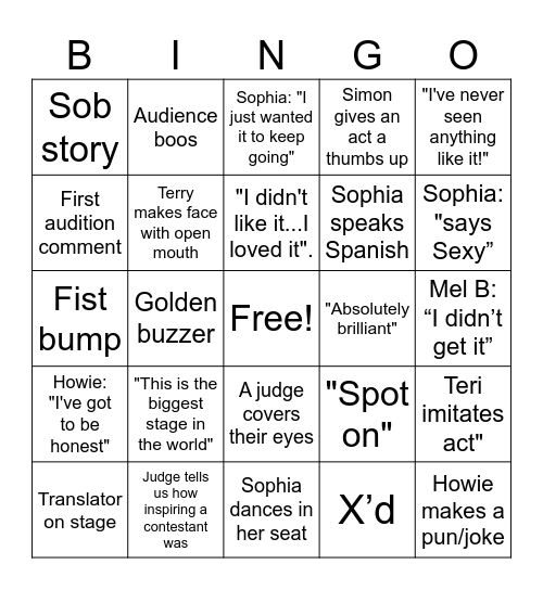 AGT Bingo Card