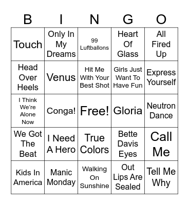 80s Girl Bands Bingo Card