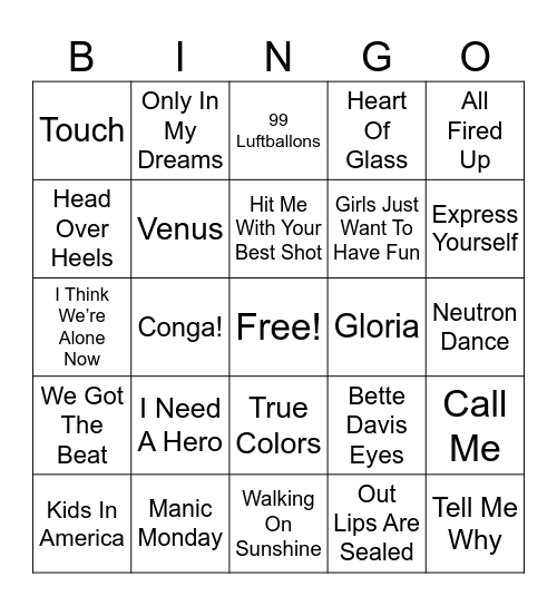 80s Girl Bands Bingo Card