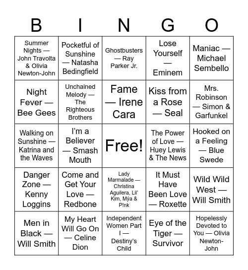 Movie Soundtrack Hits Bingo Card