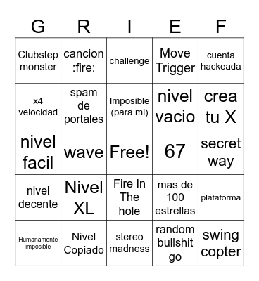 Geometry dash Bingo Card