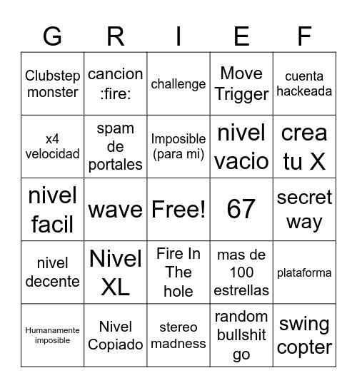 Geometry dash Bingo Card