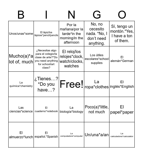 Ch 4:  Vocabulary 1 Bingo Card