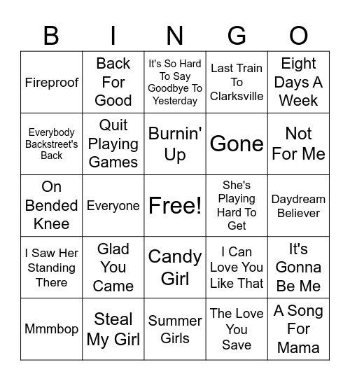 BOY BANDS Bingo Card