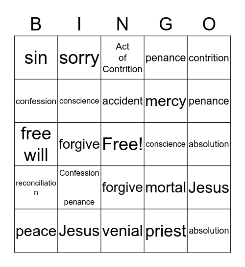 Sacrament of Penance Bingo Card