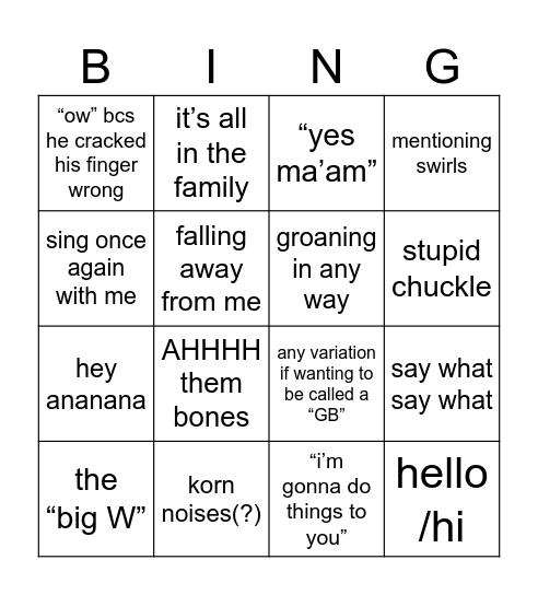 Tristan Bingo Card