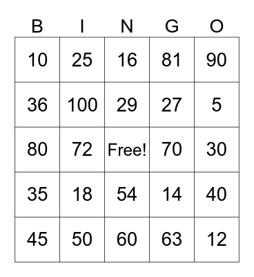 Multiplication facts 1,2,5,9,10 Bingo Card