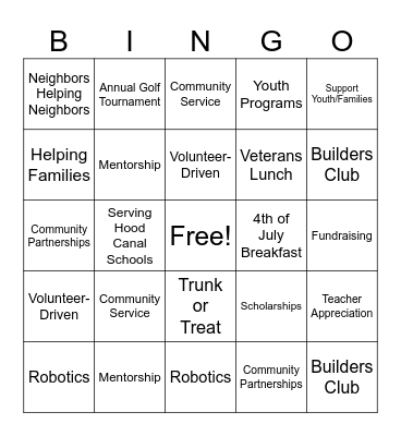 Hood Canal Kiwanis Bingo Card