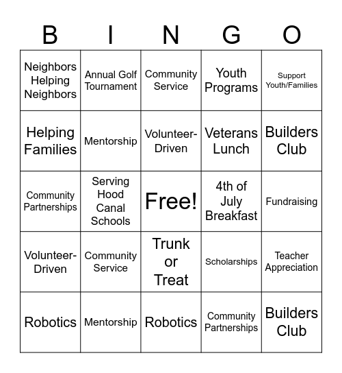 Hood Canal Kiwanis Bingo Card