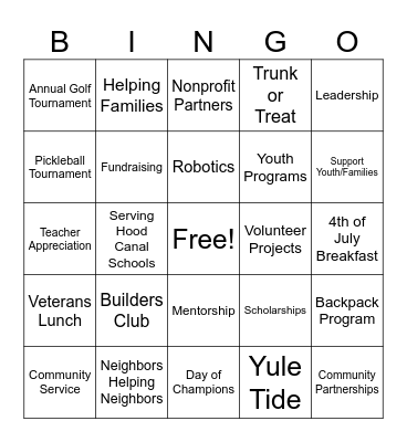 Hood Canal Kiwanis Bingo Card