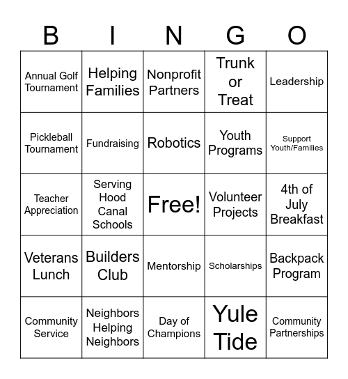 Hood Canal Kiwanis Bingo Card