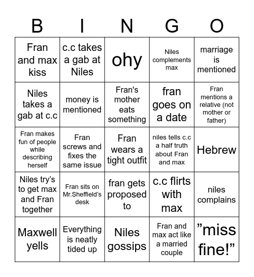 The nanny Bingo Card