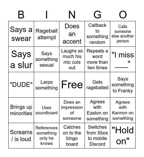 Gabe Bingo Card