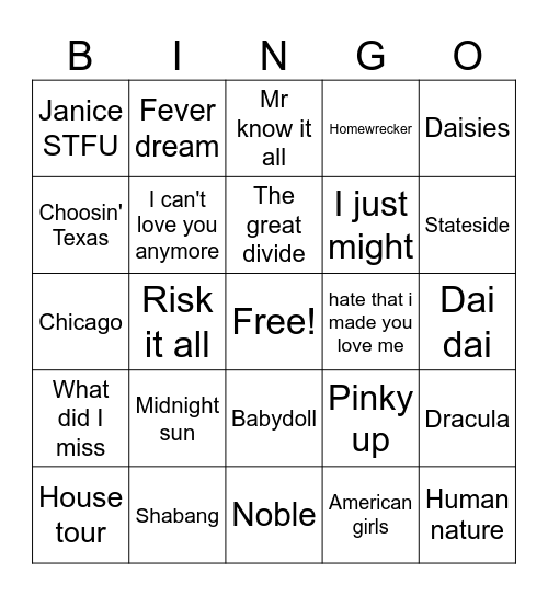 Today's Top Hits Bingo Card